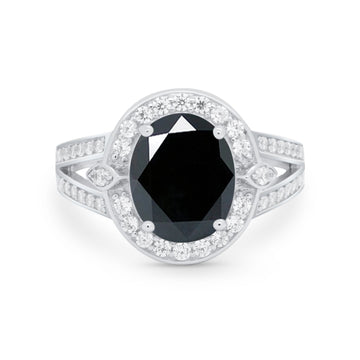 Art Deco Split Shank Engagement Bridal Ring Simulated Black CZ 925 Sterling Silver